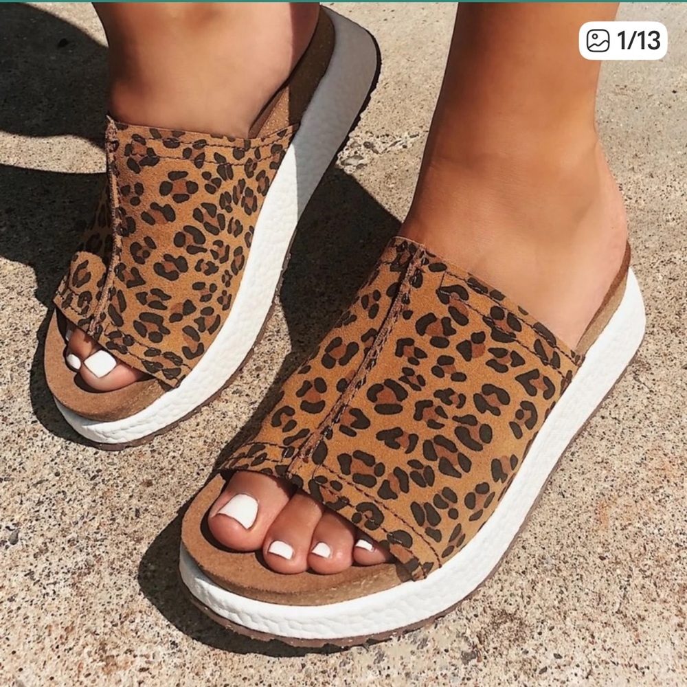 OTBT Leopard Slide Sandals in Tan and Black